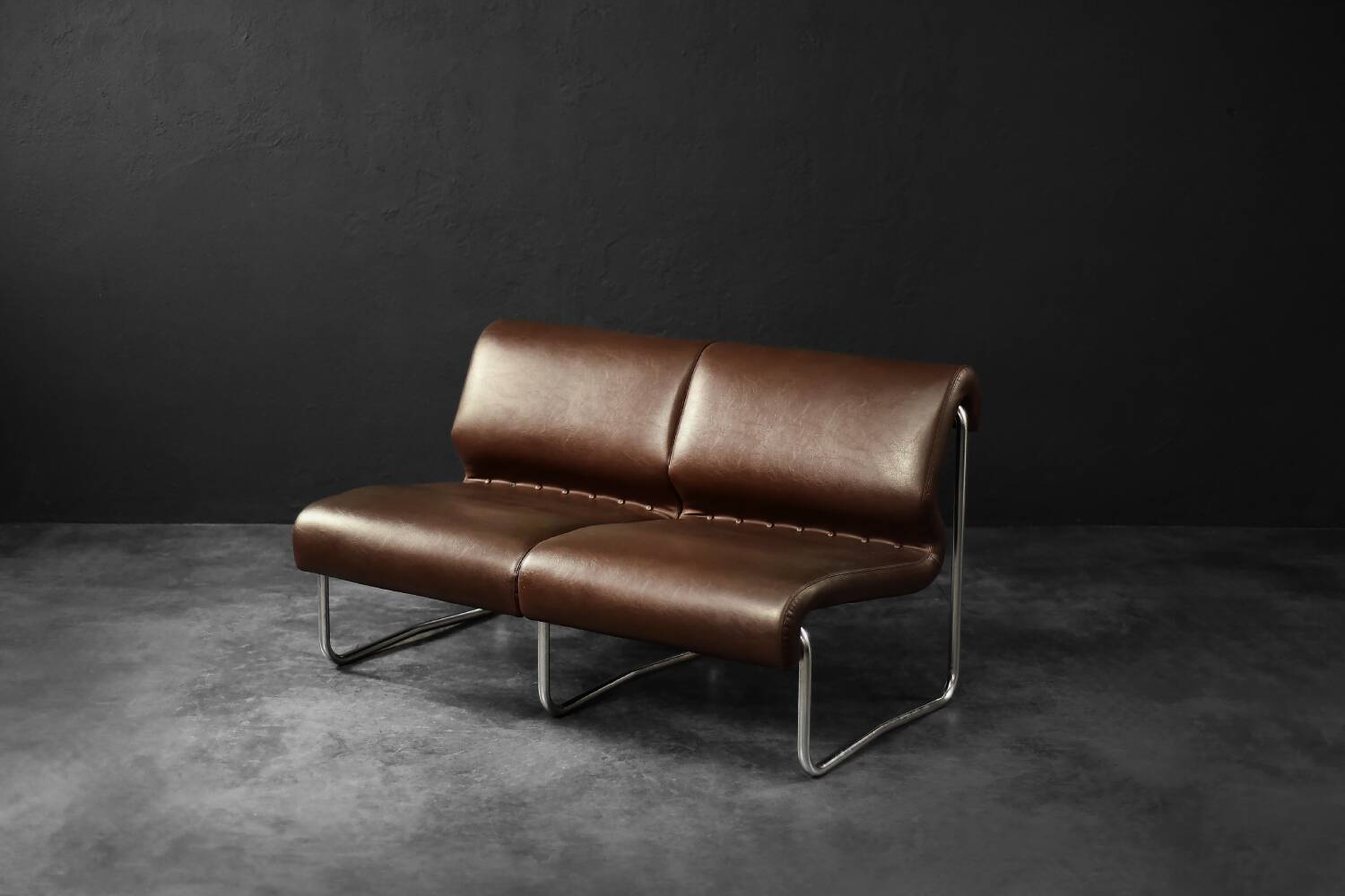 Vintage Mid-Century German Modern 2-Seater Brown Steel Frame Lounge Sofa
