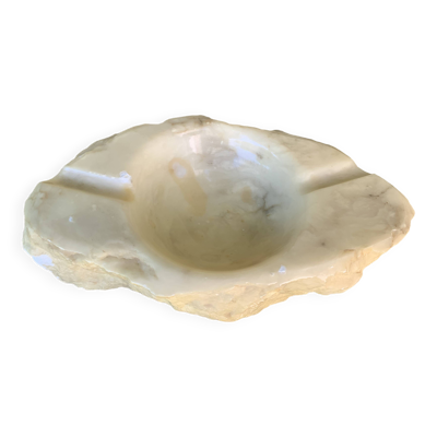 Grand cendrier en marbre, blanc, beige, veines grises, pierre vintage