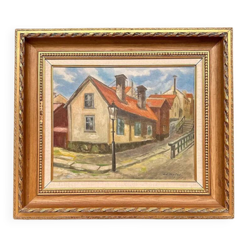 Original Swedish Oil on Canvas – “Town” by Axel Nipsted – Signed – Vintage & Framed – 62 × 54 cm (24.4" × 21.3")