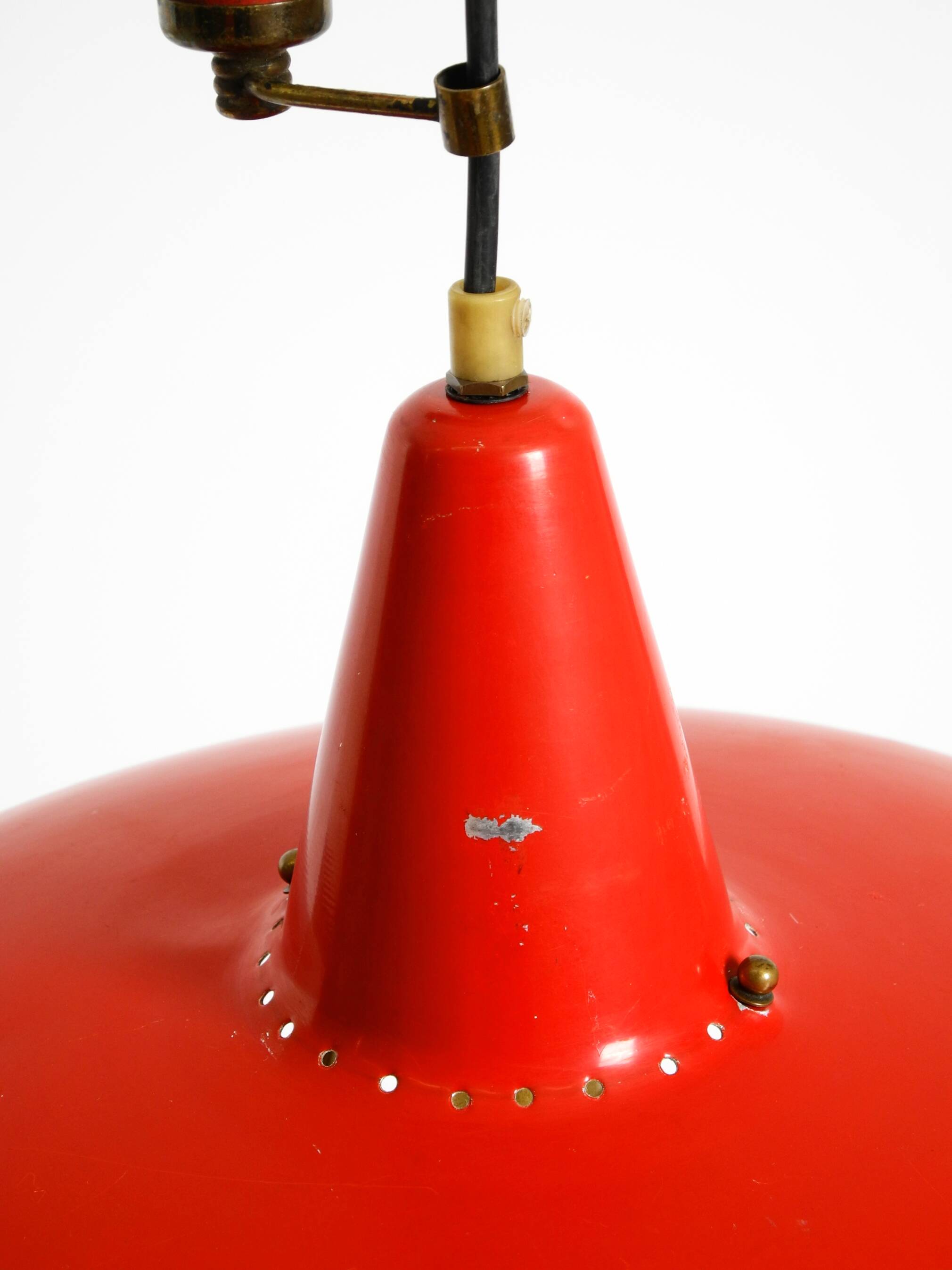 Mid-Century Modern red aluminum pendant lamp, height adjustable, Italy