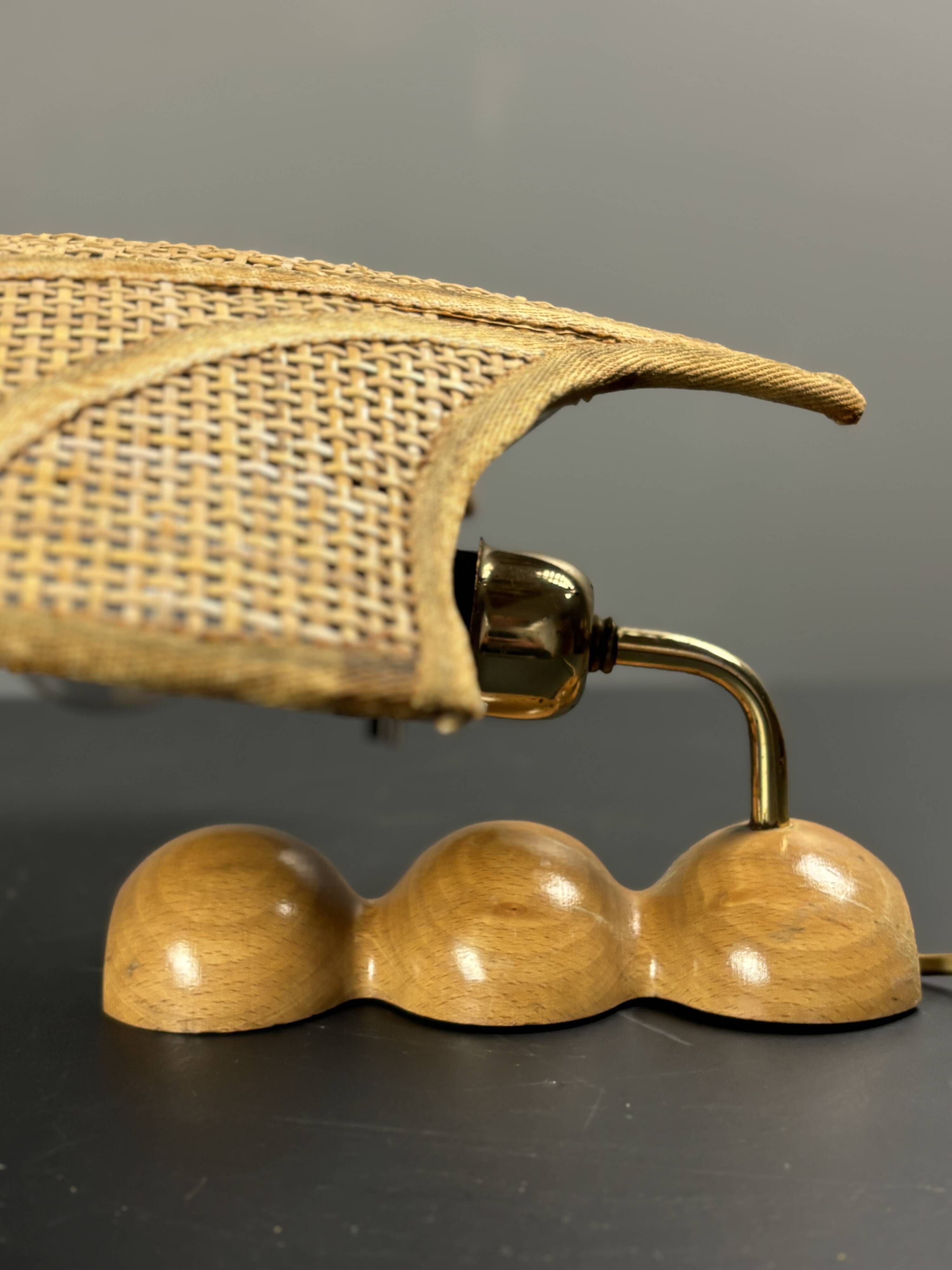 Pair midcentury Italian rattan wicker pine brass scallop wall sconces 1970s