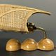 Pair midcentury Italian rattan wicker pine brass scallop wall sconces 1970s