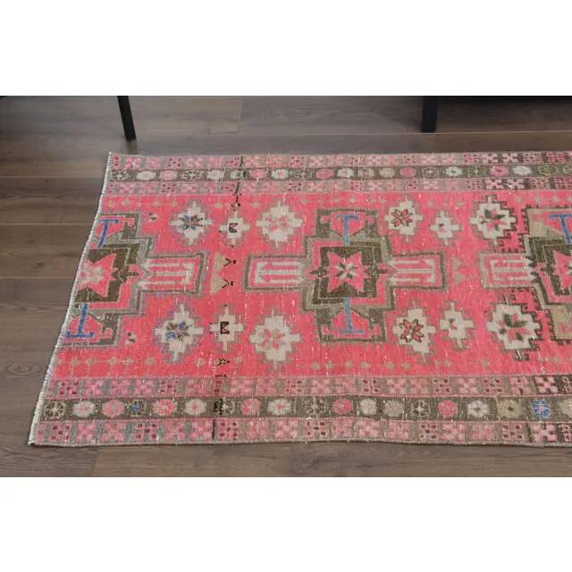 Vintage Turkish Oushak Handmade Wool Cotton Pink Runner Rug 96x242