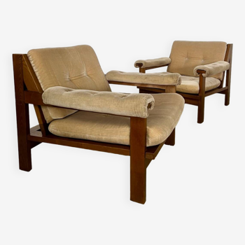 Paire de fauteuil lounge en bois et tissu design des années 60 look scandinave vintage