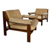 Paire de fauteuil lounge en bois et tissu design des années 60 look scandinave vintage
