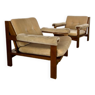 Pair of lounge chairs in wood and designer fabric from the 60s vintage Scandinavian look