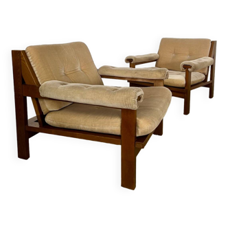 Paire de fauteuil lounge en bois et tissu design des années 60 look scandinave vintage