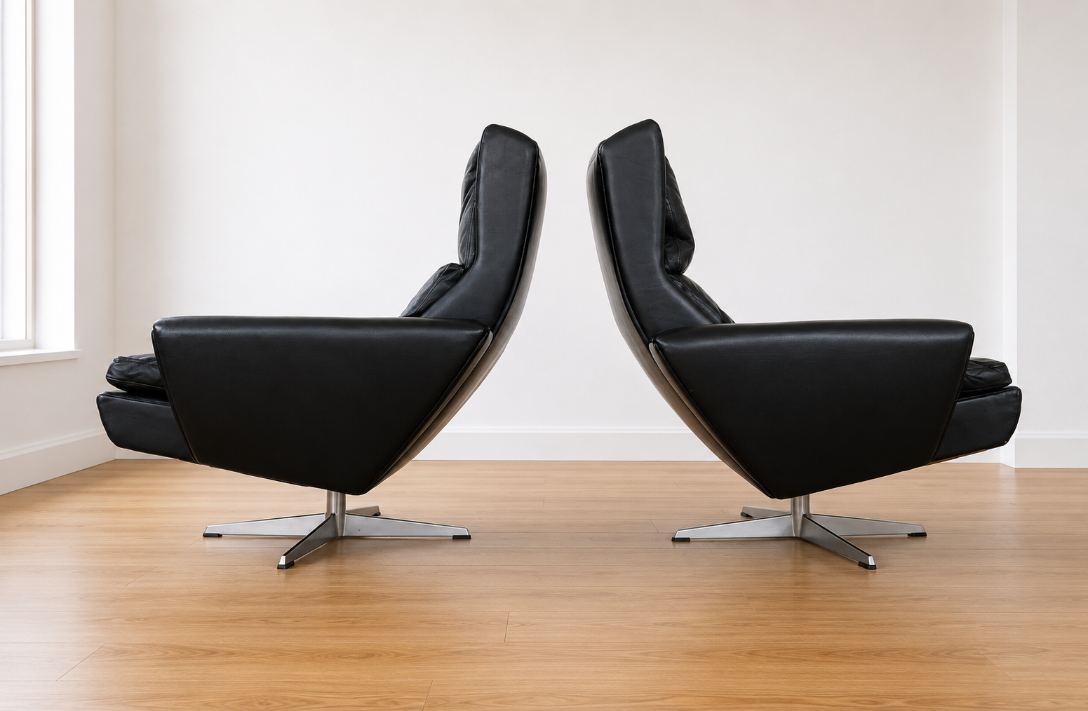 Vintage Danish Georg Thams matching black leather lounge chairs 1970s