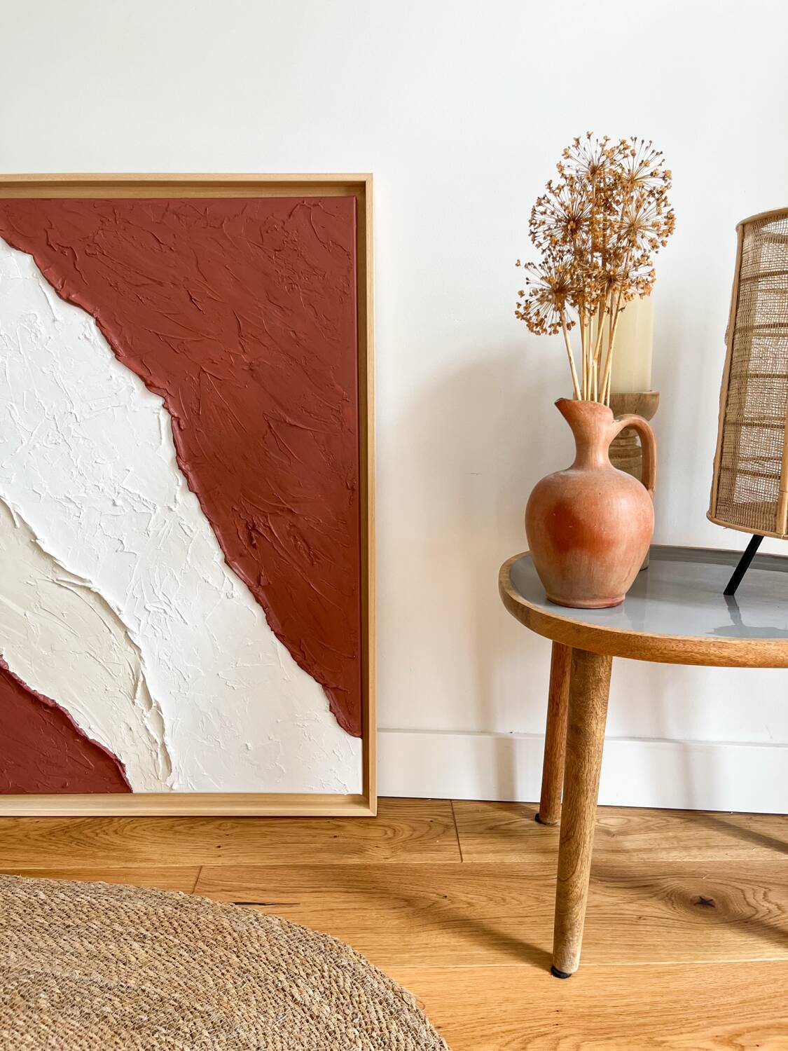 Terra cota relief painting beige and white