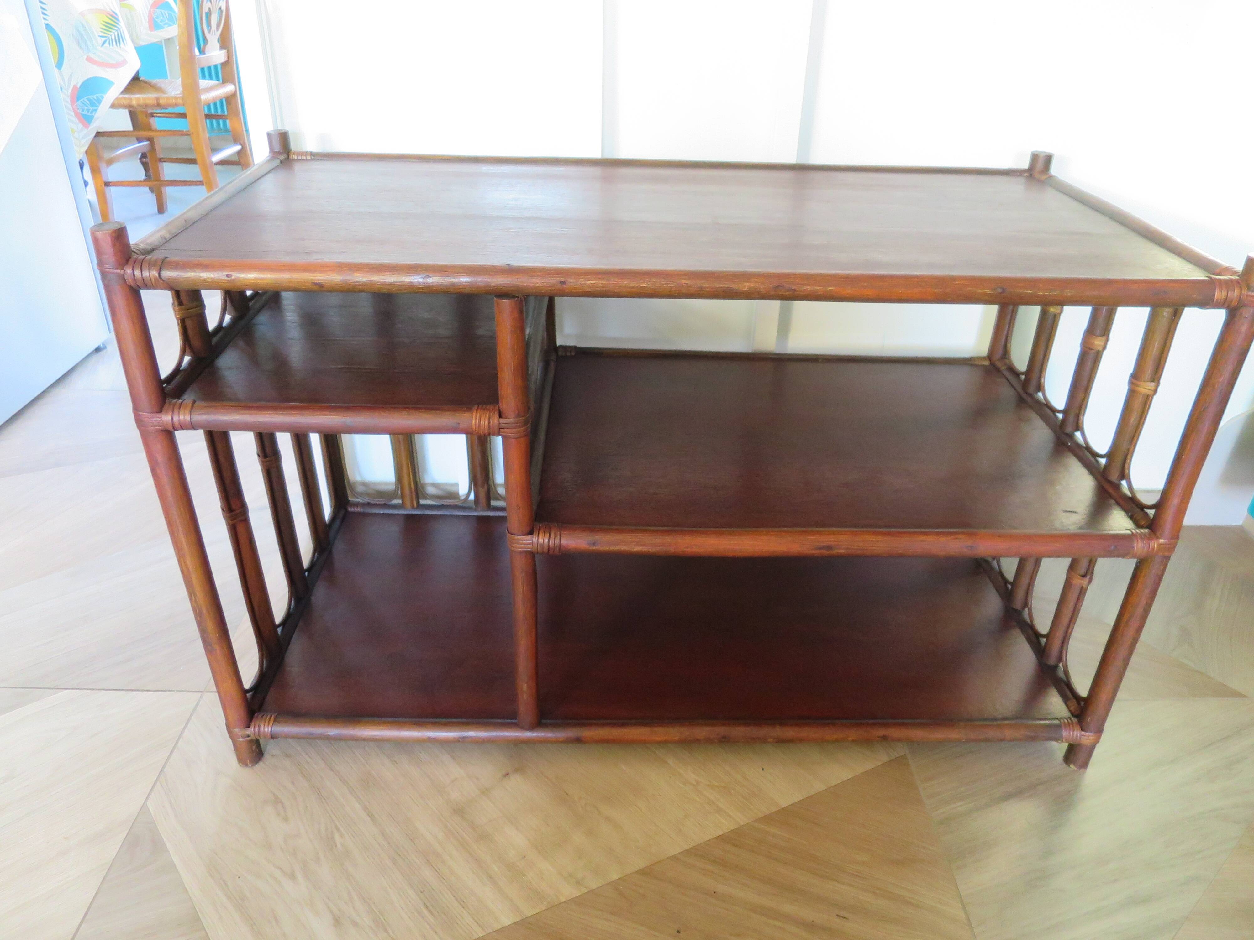 Retro side table - vinyl furniture - rattan and bamboo - 1980s