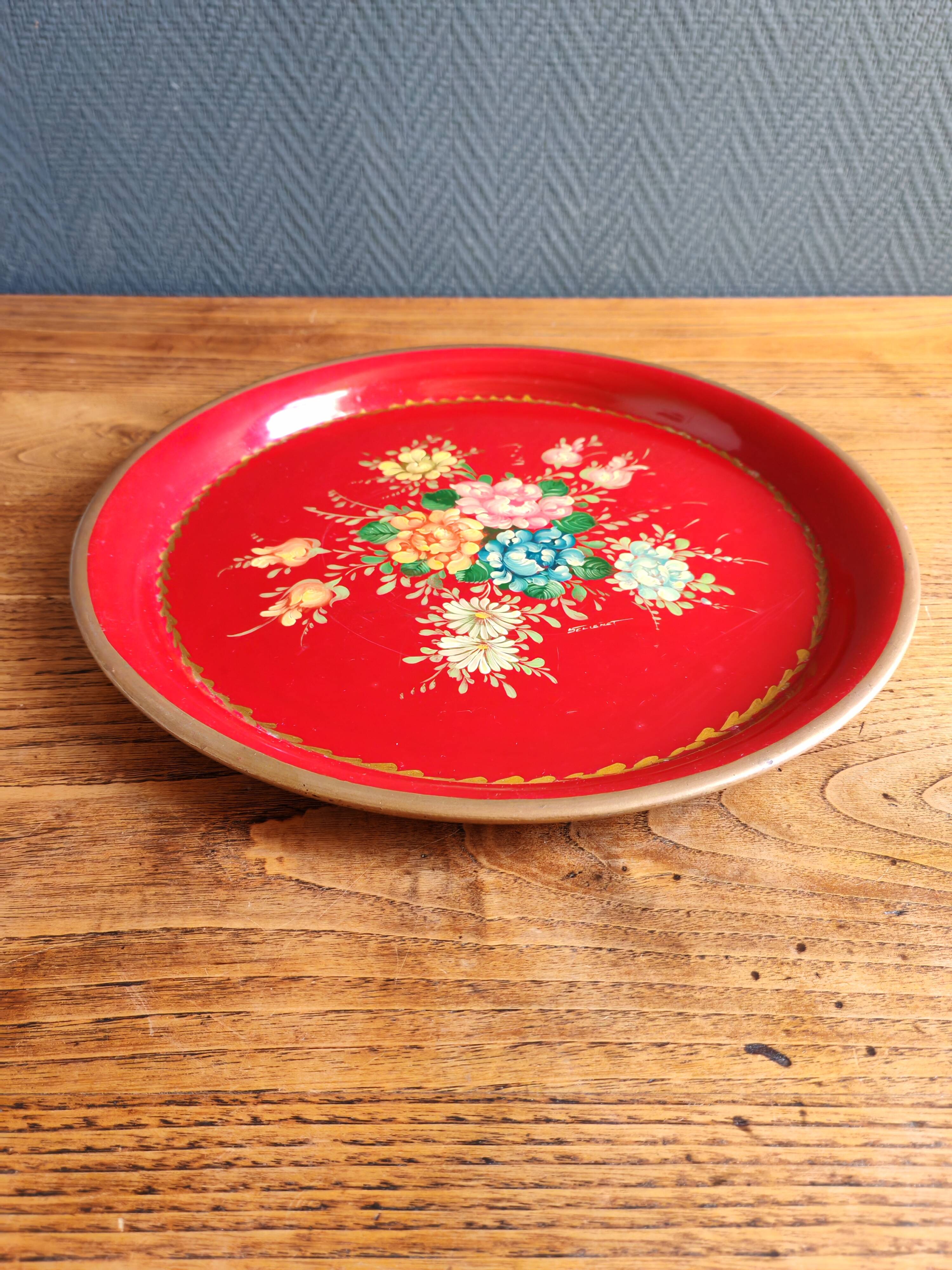 Old Red Plate Signed - Hand-Painted Floral Decoration