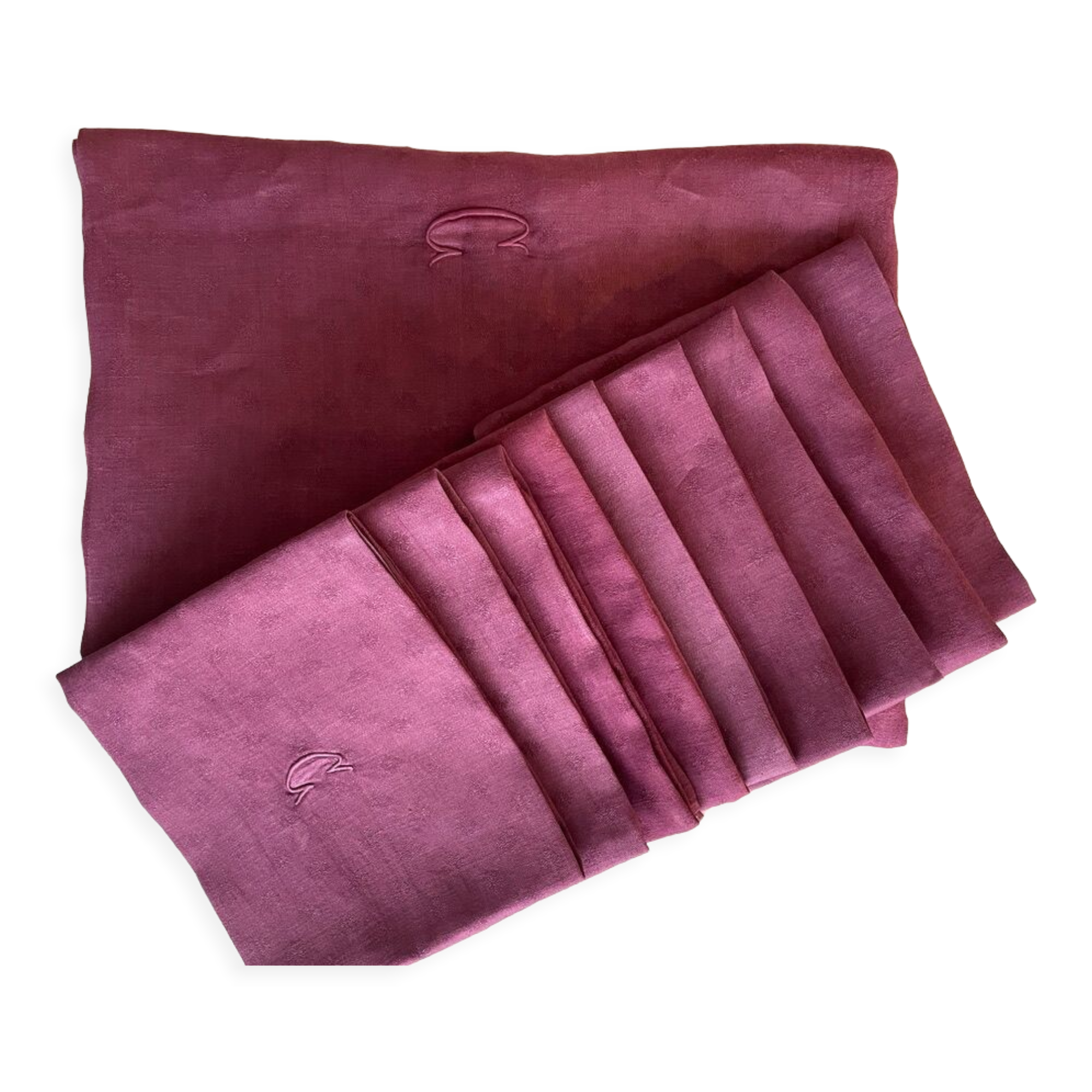Damassed tablecloth & its 10 plum-tinted napkins "la C" - linen