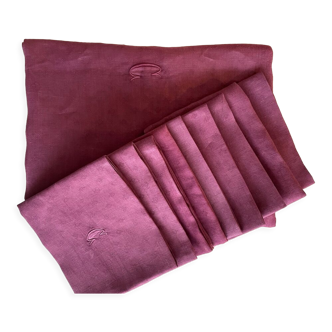 Damassed tablecloth & its 10 plum-tinted napkins "la C" - linen