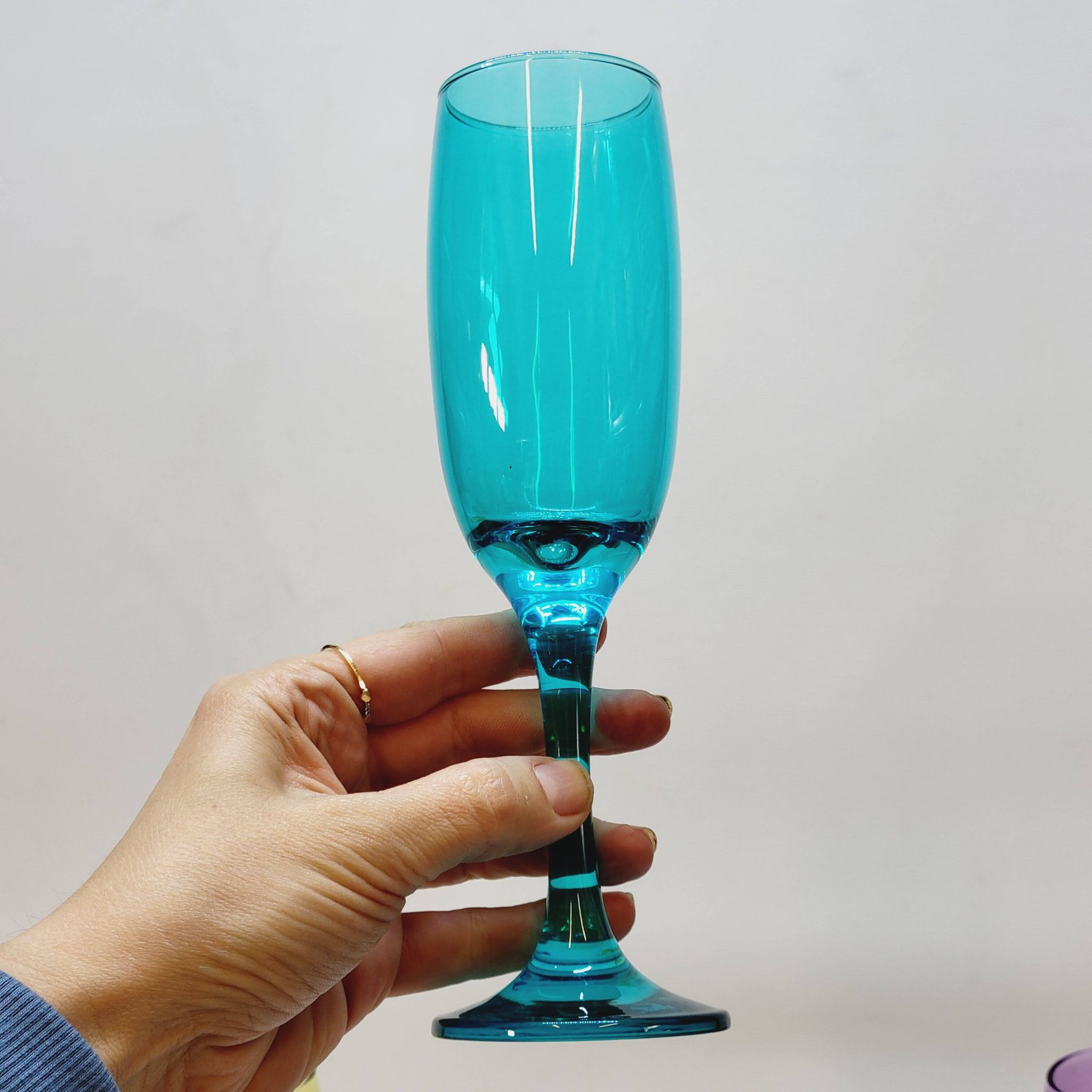 6 multicolored glass champagne flutes red orange yellow green blue purple