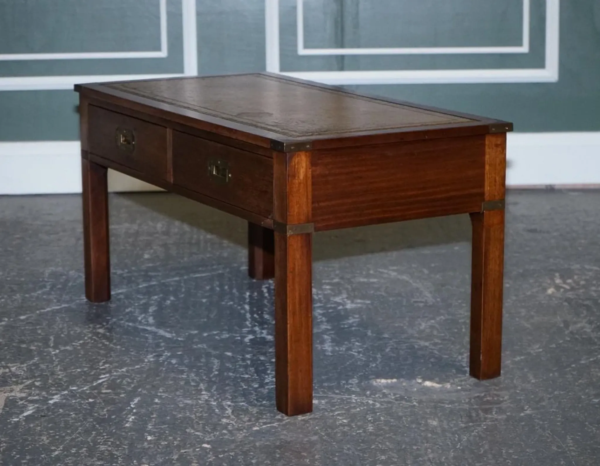 Coffee Table Military Campaign with Brown Leather Top from Harrods London