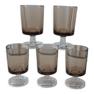 Set of 5 small glasses in smoked glass Made in France 70s