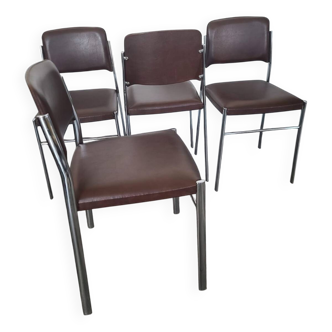 Set of 4 brown leatherette armchair chairs from the 1970s
