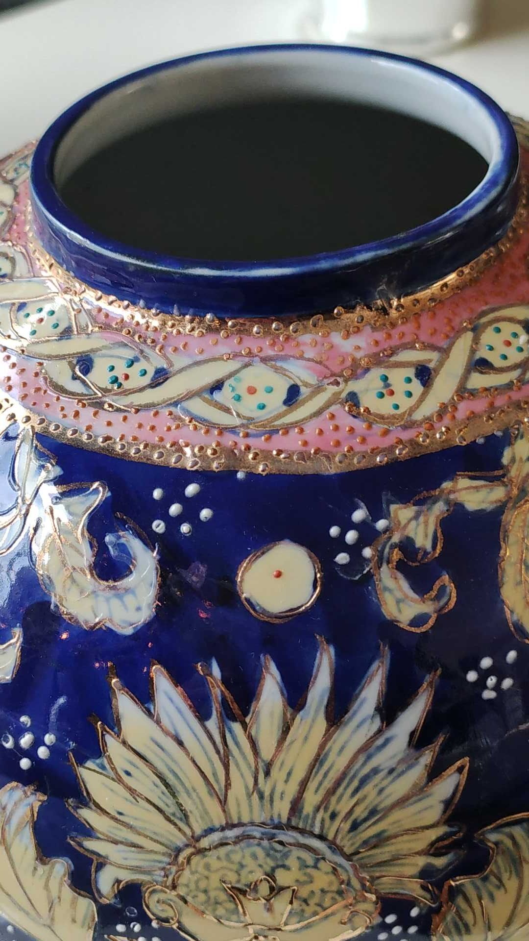 Handcrafted Chinese vase shaped ball in enamelled ceramic. Floral motifs/Ribboned friezes