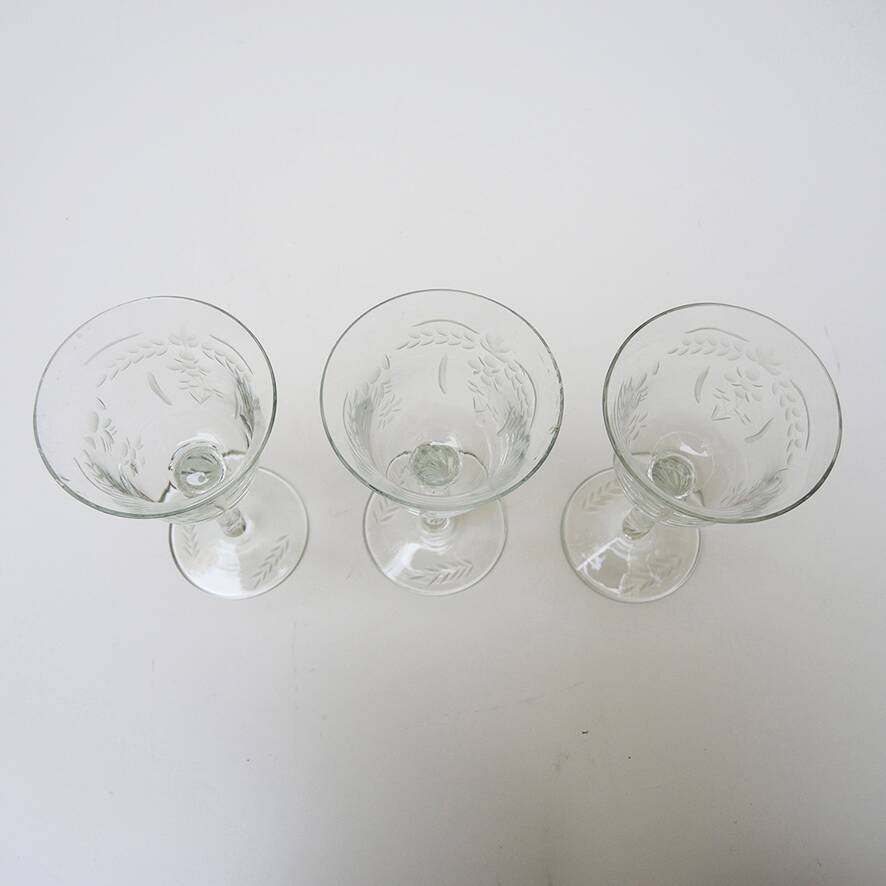 3 old stemmed glasses - engraved plant decor