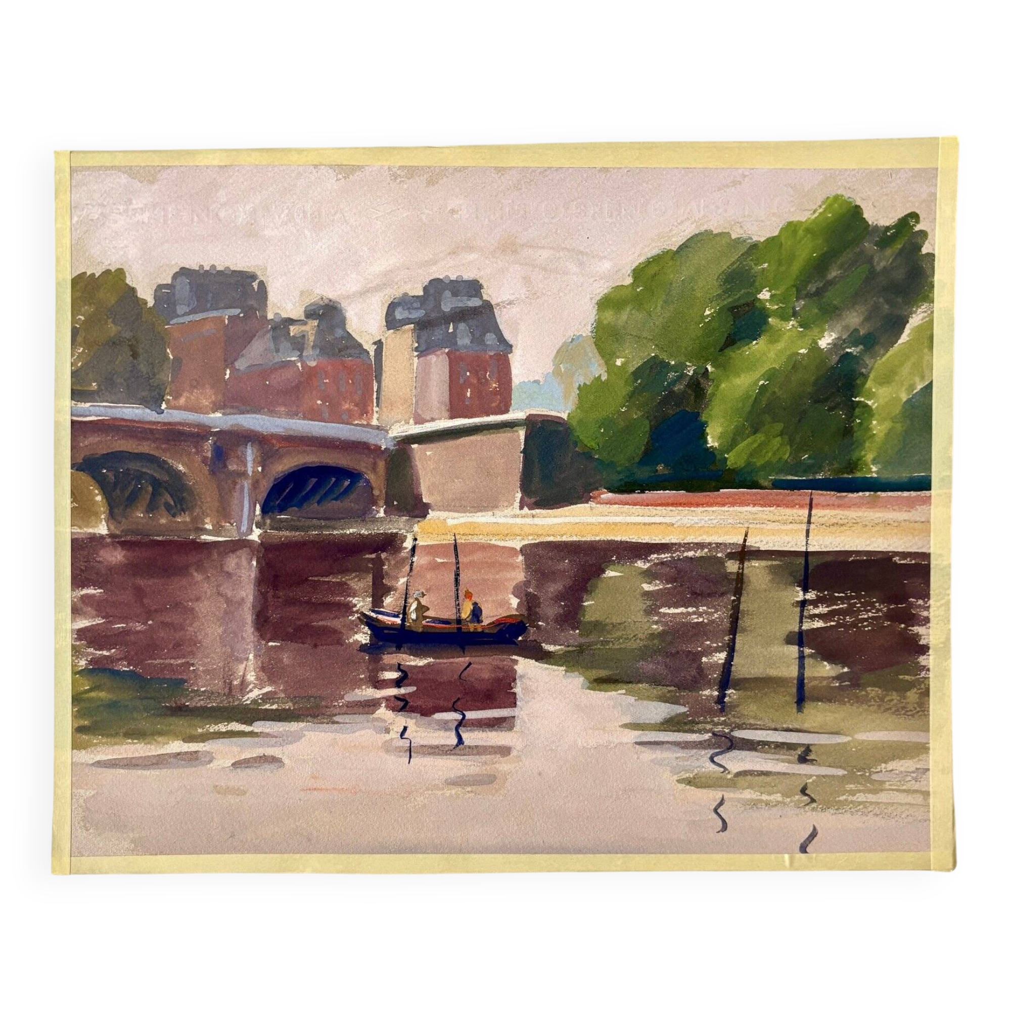 Painting on paper "Houses, bridge, river, boat and people" n°24