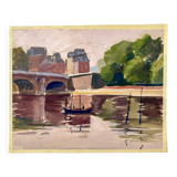 Painting on paper "Houses, bridge, river, boat and people" n°24