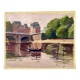 Painting on paper "Houses, bridge, river, boat and people" n°24