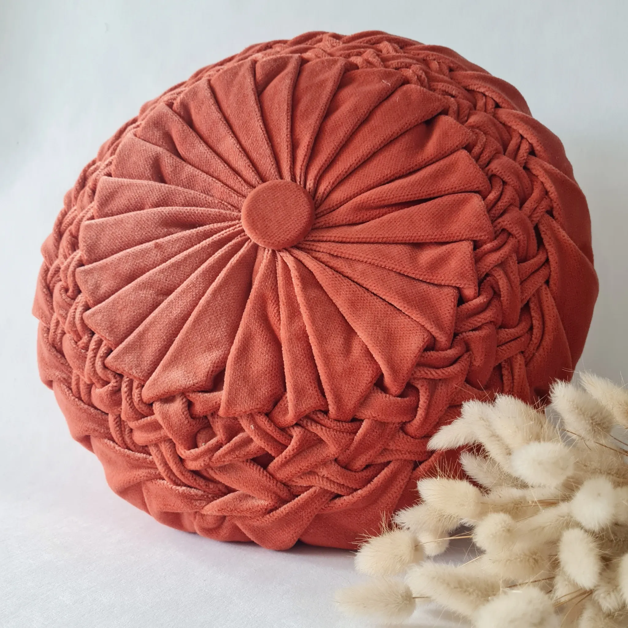 Pleated terracotta red velvet cushion