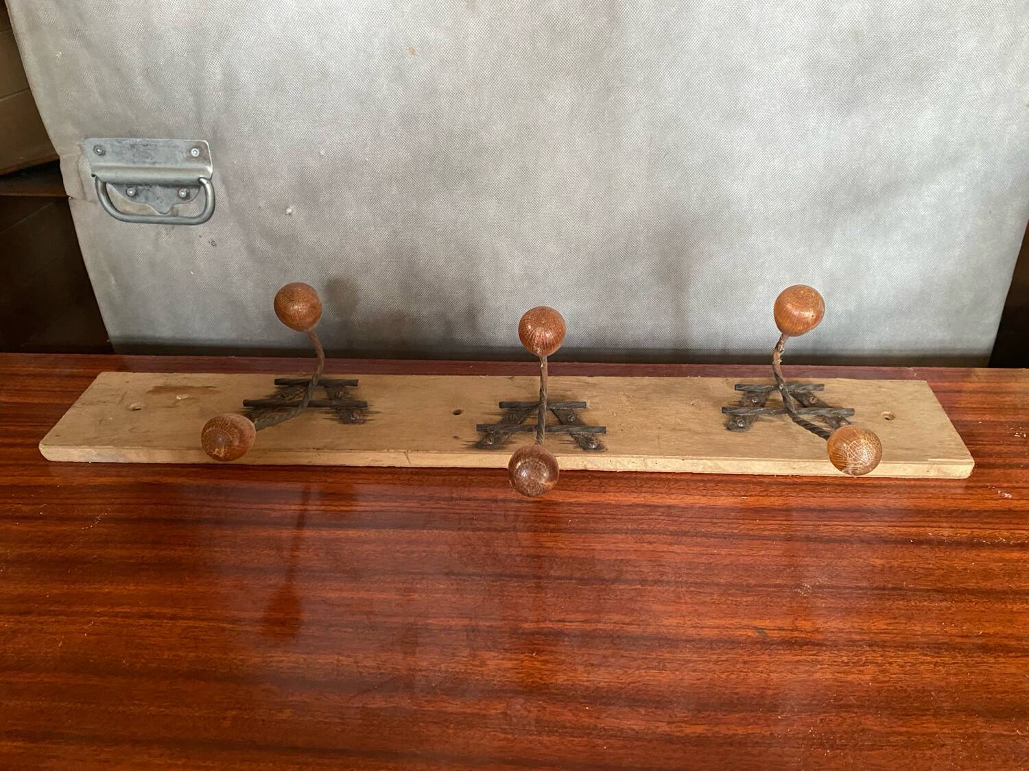 Old wooden wall coat rack + 3 wrought iron hooks & vintage wooden ball