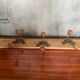 Old wooden wall coat rack + 3 wrought iron hooks & vintage wooden ball