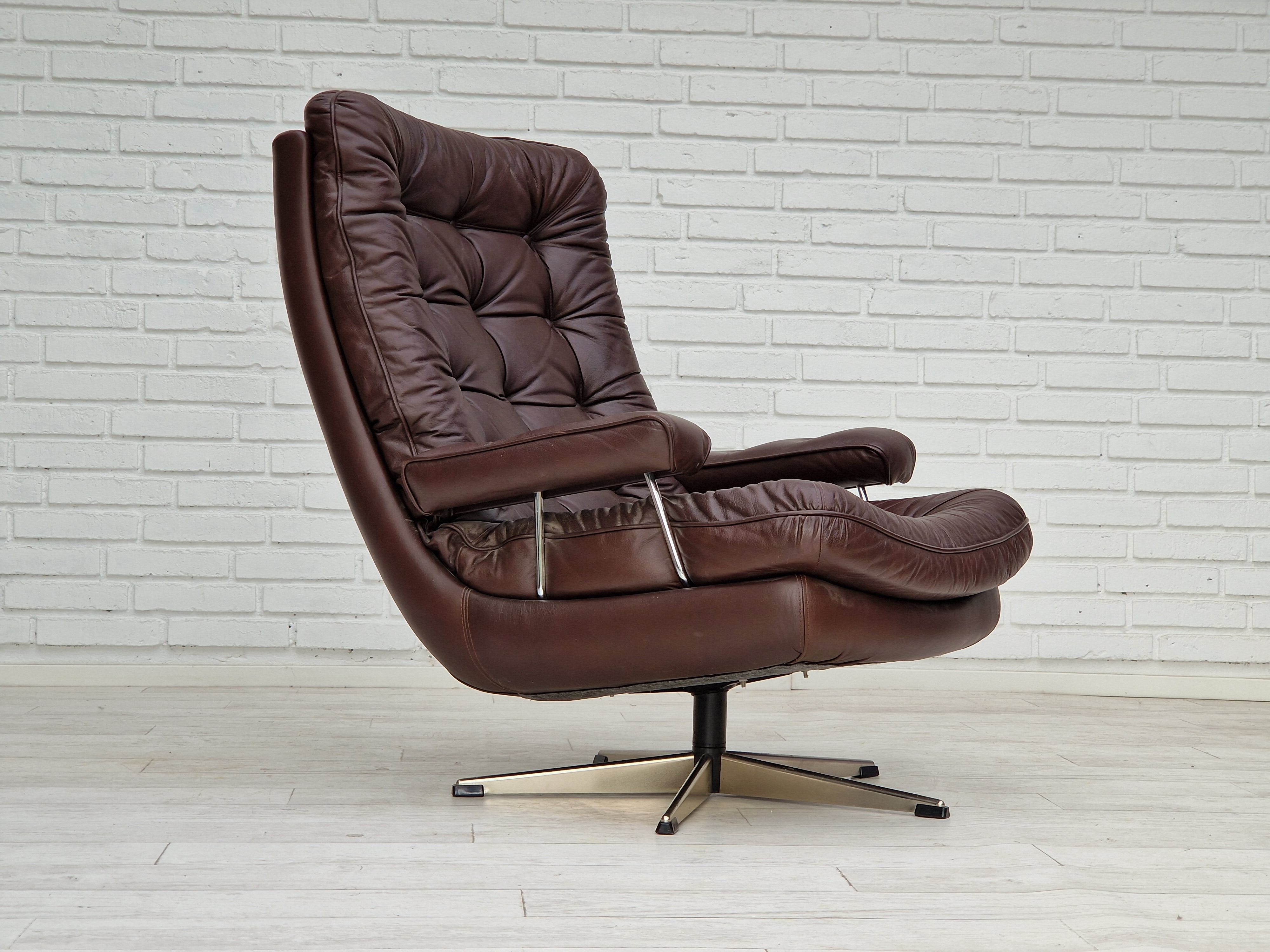 Vintage danish swivel leather armchair 1970s