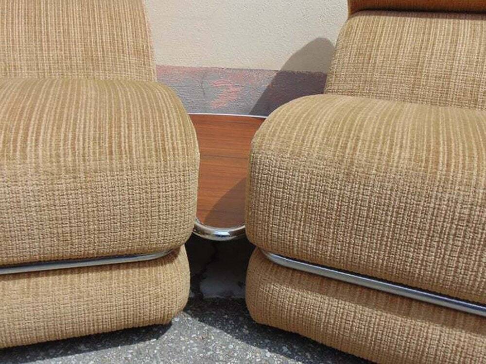 Mid-century Italian modular armchairs in brown fabric and chrome metal, 1960s — set of 3