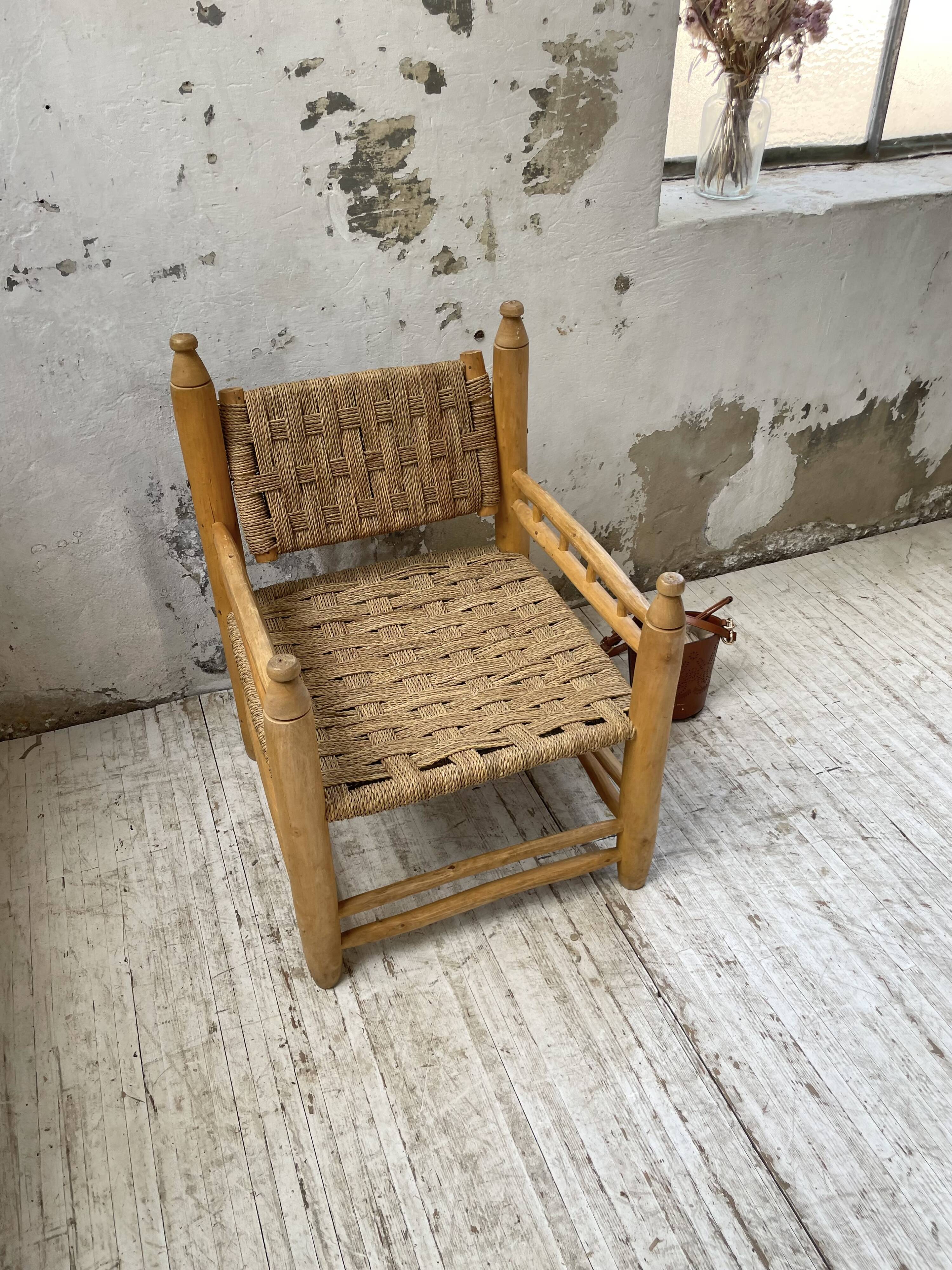 Moroccan wooden and rope armchair