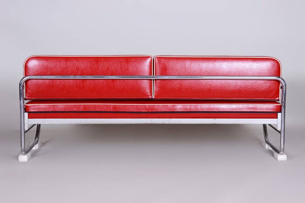 Bauhaus Sofa in Chrome-Plated Steel and Red Leather attributed to Robert Slezák, Former Czechoslovakia, 1950s