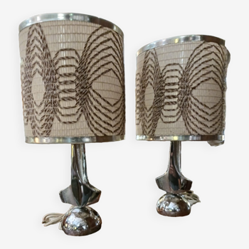 Pair of 1970 lamps, silvered bronze, kinetic lampshade.