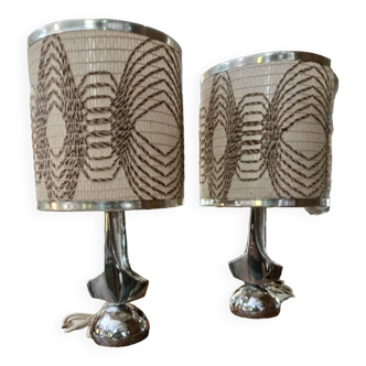 Pair of 1970 lamps, silvered bronze, kinetic lampshade.