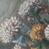 Table, oil on canvas, bouquet of flowers, signed