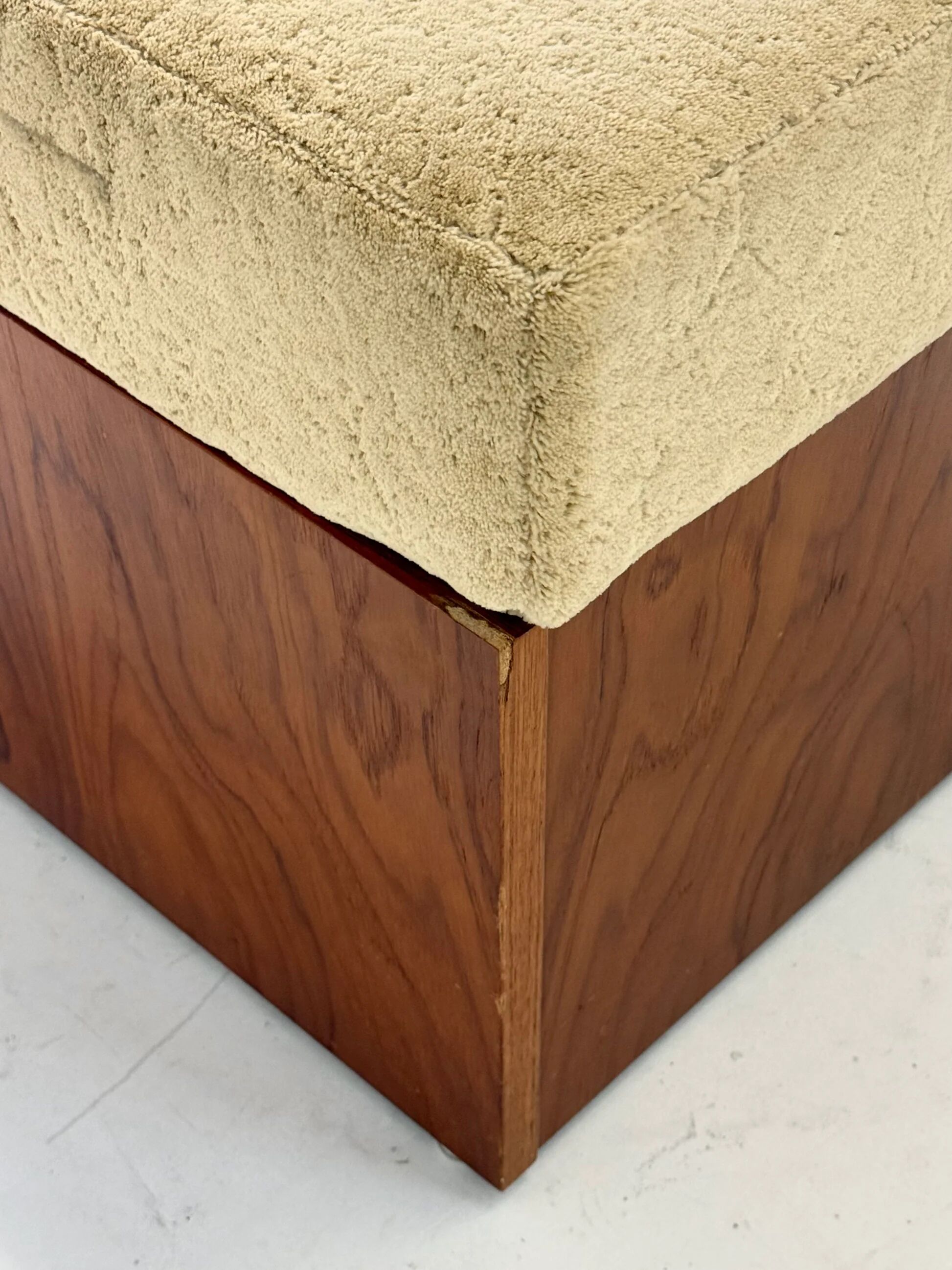 Vintage mid-century beige armchair with wooden frame and ottoman