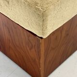 Vintage mid-century beige armchair with wooden frame and ottoman