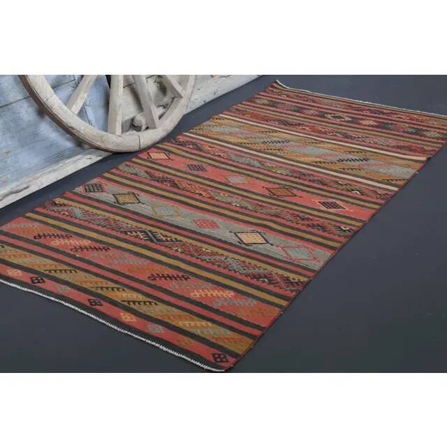 1970s Vintage Turkish Hand-Knotted Wool Cotton Red Runner Rug 117x227