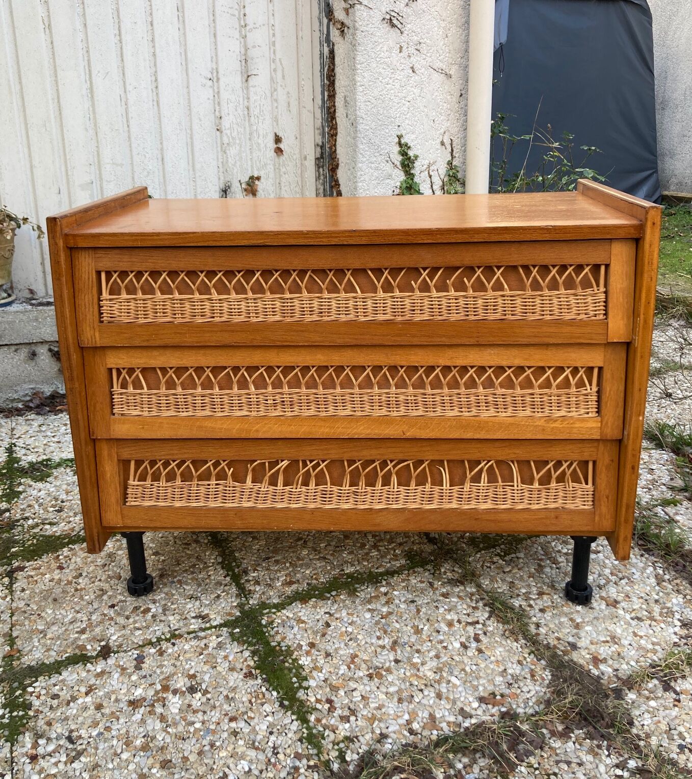 Rattan chest of drawers and vintage wood