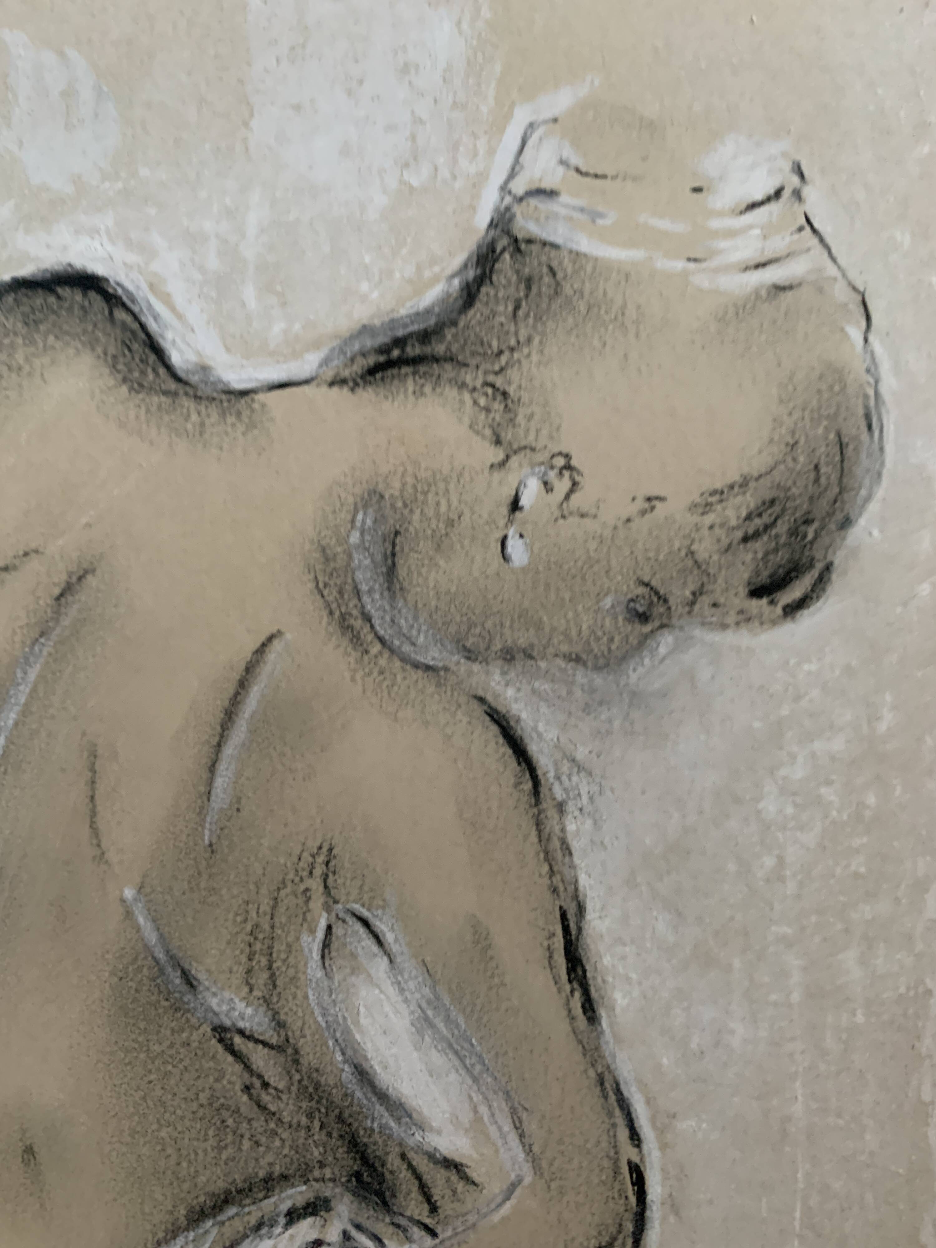 Signed charcoal pastel white portrait of a woman "the white towel"