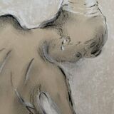 Signed charcoal pastel white portrait of a woman "the white towel"