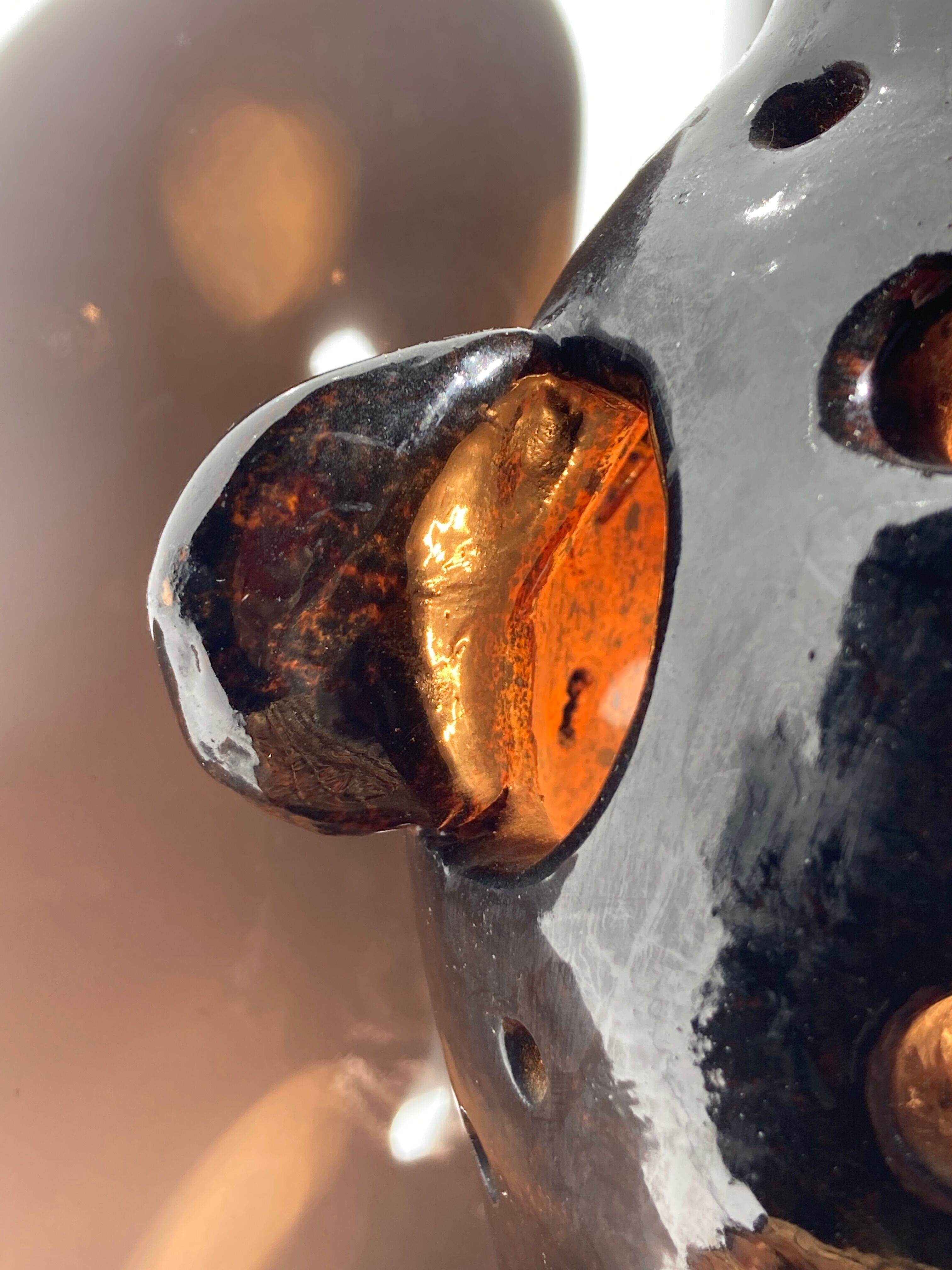 Brutalist lamp in black / brown ceramic openwork 1970