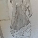 Tableau signé aquarelle portrait féminin « drapée dans l’atelier »