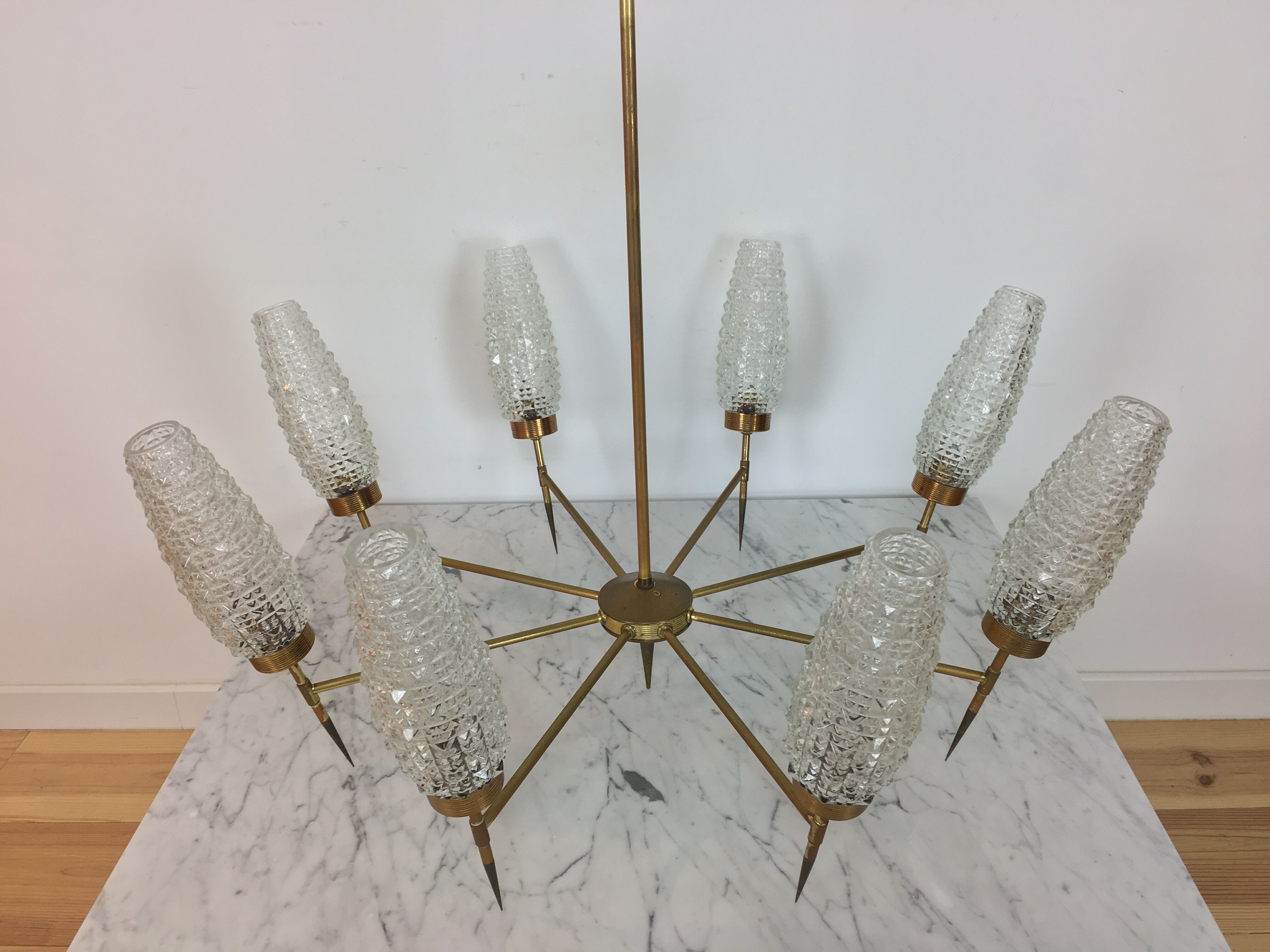 50s chandelier, 8 fires, brass and ice glass tulips