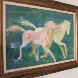 Framed painting representing horses, signed, XX th