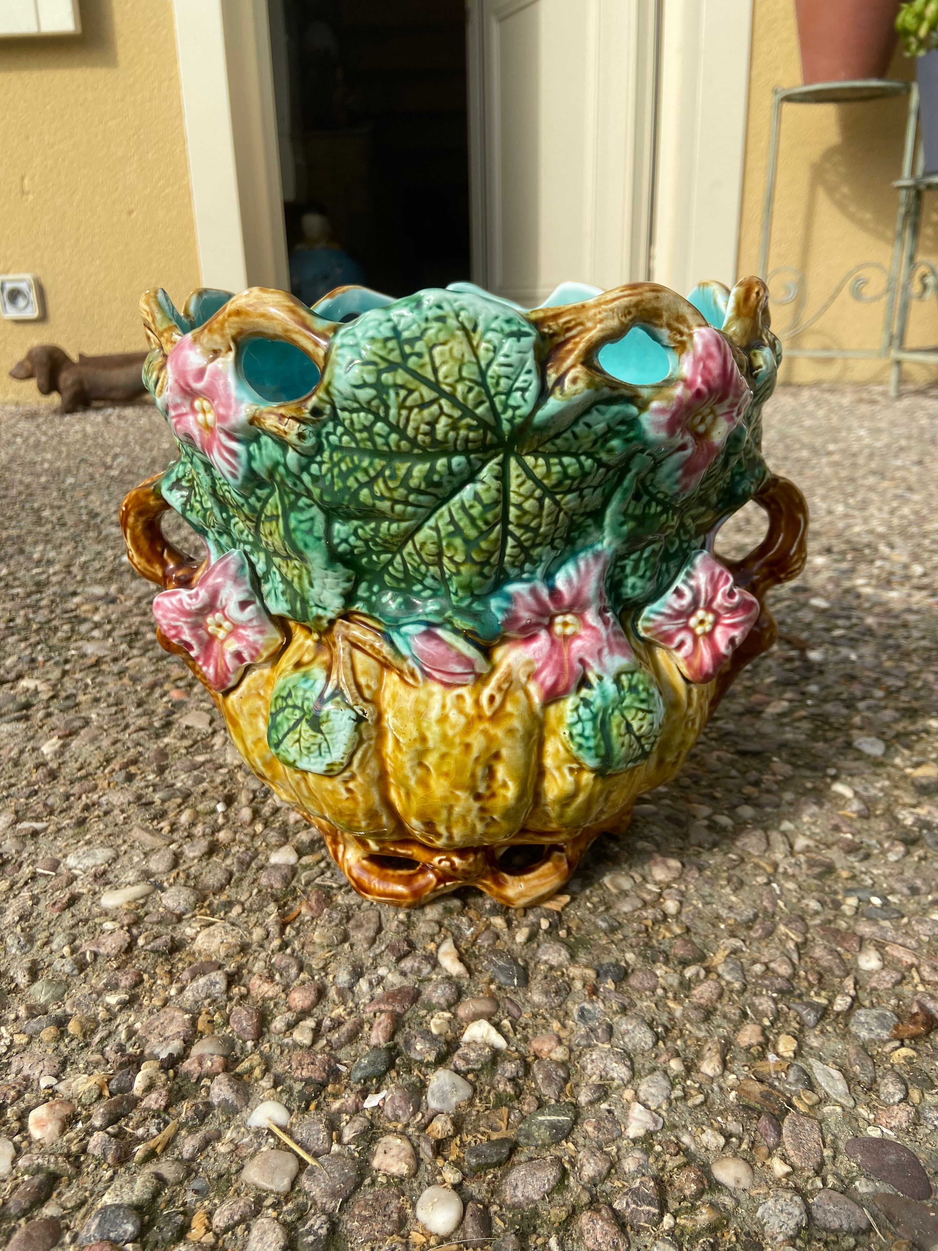 Antique cache-pot in majolica with floral decoration – Turquoise interior