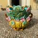 Antique cache-pot in majolica with floral decoration – Turquoise interior