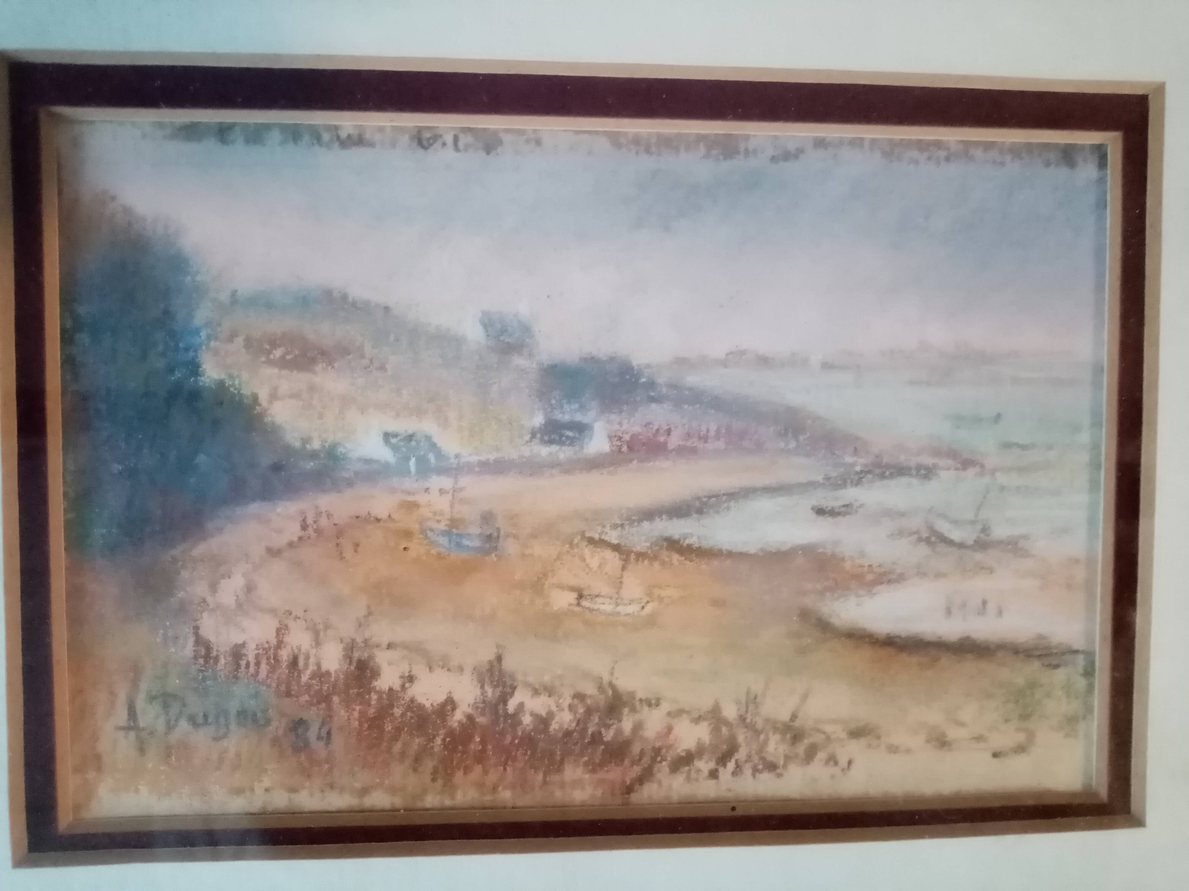 Old pastel painting decorated with a Breton port in autumn signed Antoine Dugois