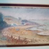 Ancien tableau au pastel decor de port breton en automne signe antoine dugois
